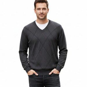 Jos. A. Bank Traveler Merino Wool V-Neck Gray Men's Sweater Diamond Pattern, XL